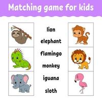 Matching game for kids. Find the correct answer. Draw a line. Learning words. Activity worksheet. Cartoon character. Cute animal. vector