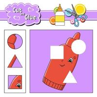 Cut and glue. Game for kids. Education developing worksheet. Cartoon character. Color activity page. Hand drawn. Isolated vector illustration.