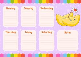 School schedule. Timetable for schoolboys. Empty template. Weekly planer with notes. Isolated color vector illustration. Cartoon character.