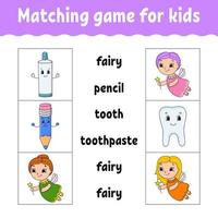 Matching game for kids. Find the correct answer. Draw a line. Learning words. Activity worksheet. Cartoon character. vector