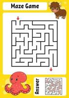 Square maze. Game for kids. Funny labyrinth. Education developing worksheet. Activity page. Puzzle for children. Cartoon style. Riddle for preschool. Logical conundrum. Color vector illustration.