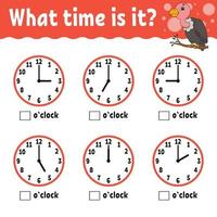 Learning time on the clock. Educational activity worksheet for kids and toddlers. Game for children. Simple flat isolated color vector illustration in cute cartoon style.