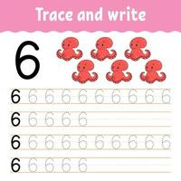 Trace and write. Handwriting practice. Learning numbers for kids. Education developing worksheet. Color activity page. Isolated vector illustration in cute cartoon style.