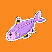 Sticker with contour. Fish. Cartoon character. Colorful vector illustration. Isolated on color background. Template for your design.