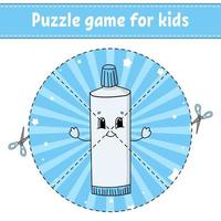 Cut and play. Round puzzle. Tube of toothpaste. Logic puzzle for kids. Activity page. Cutting practice for preschool. Cartoon character. vector
