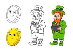 Set coloring page for kids. St. Patrick's Day. Gold coin. Leprechaun with a pot of gold. Cute cartoon characters. Black stroke. Vector illustration. With sample.