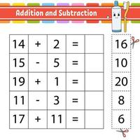 Addition and subtraction. Task for kids. Cut and paste. Education developing worksheet. Activity page. Game for children. Funny character. Isolated vector illustration. Cartoon style.