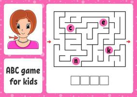 ABC maze for kids. Answer neck . Rectangle labyrinth. Activity worksheet. Puzzle for children. Cartoon style. Logical conundrum. Color vector illustration.