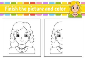 Finish the picture and color. Beautiful cute fashionable girl with jewelry. Cartoon character isolated on white background. For kids education. Activity worksheet. vector