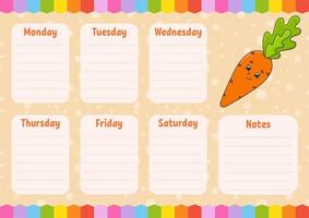 School schedule. Timetable for schoolboys. Empty template. Weekly planer with notes. Isolated color vector illustration. Cartoon character.