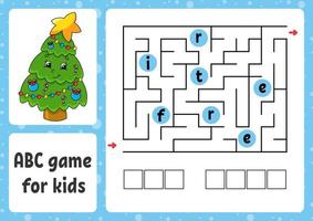 ABC maze for kids. Rectangle labyrinth. Christmas theme. Activity worksheet. Puzzle for children. Cartoon style. Logical conundrum. Color vector illustration.
