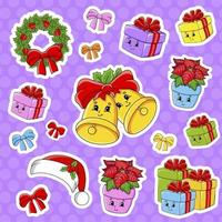 Set of stickers with cute cartoon characters. Christmas theme. Hand drawn. Colorful pack. Vector illustration. Patch badges collection. Label design elements. For daily planner, diary, organizer.