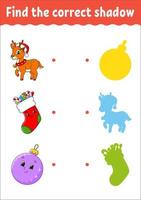 Christmas deer. Find the correct shadow. Education developing worksheet. Matching game for kids. Color activity page. Puzzle for children. Cute character. Isolated vector illustration. Cartoon style.