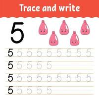 Number 5. Trace and write. Handwriting practice. Learning numbers for kids. Education developing worksheet. Color activity page. Isolated vector illustration in cute cartoon style.