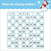 Paste the missing numbers from 1 to 100. Handwriting practice. Learning numbers for kids. Education developing worksheet. Activity page. Game for children. Isolated vector illustration.