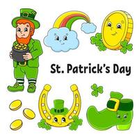 Set of color stickers for kids. Leprechaun with a pot of gold, boot, gold coin, clover, magic rainbow, horseshoe. St. Patrick's Day. Cartoon characters. Black stroke. Isolated vector illustration.