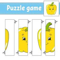 Puzzle game for kids. Vegetable pepper. Cutting practice. Education developing worksheet. Activity page.Cartoon character. vector