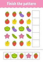 Finish the pattern. Cut and play. Fruits and vegetables. Education developing worksheet. Activity page.Cartoon character. vector