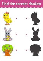 Find the correct shadow. Education developing worksheet. Matching game for kids. Color activity page. Puzzle for children. Cute character. Vector illustration. Cartoon style.