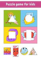 Puzzle game for kids. Cut and paste. Cutting practice. Learning shapes. Education worksheet. Valentine's Day. Circle, square, rectangle, triangle. Activity page.Cartoon character. vector