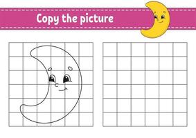 Cute crescent. Copy the picture. Coloring book pages for kids. Education developing worksheet. Game for children. Handwriting practice. Funny character. Cute cartoon vector illustration.