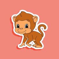 Brown monkey. Bright color sticker of a cute cartoon character. Flat vector illustration isolated on color background. Design element.