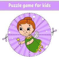 Cut and play. Round puzzle. Tooth Fairy. Logic puzzle for kids. Activity page. Cutting practice for preschool. Cartoon character. vector