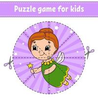 Cut and play. Round puzzle. Tooth Fairy. Logic puzzle for kids. Activity page. Cutting practice for preschool. Cartoon character. vector