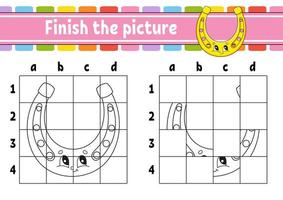 Finish the picture. Golden horseshoe. Coloring book pages for kids. Education developing worksheet. Game for children. Handwriting practice. Cartoon character. Vector illustration.