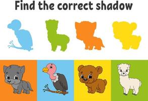 Find the correct shadow. Animal wolf, bear, alpaca. Bird vulture. Education worksheet. Matching game for kids. Color activity page. Puzzle for children. Cartoon character. vector