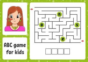 ABC maze for kids. Answer nose. Rectangle labyrinth. Activity worksheet. Puzzle for children. Cartoon style. Logical conundrum. Color vector illustration.
