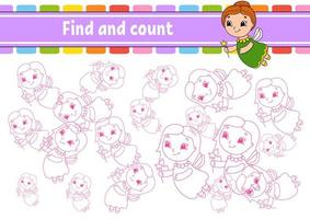 Find and count. v Education developing worksheet. Activity page. Puzzle game for children. Logical thinking training. Isolated vector illustration. Cartoon character.