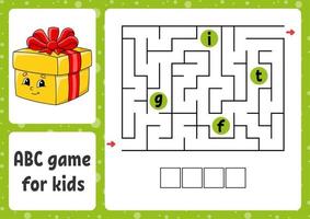 ABC maze for kids. Rectangle labyrinth. Christmas theme. Activity worksheet. Puzzle for children. Cartoon style. Logical conundrum. Color vector illustration.