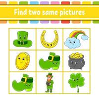 Find two same pictures. Task for kids. St. Patrick's day. Education developing worksheet. Activity page. Color game for children. Funny character. Isolated vector illustration. Cartoon style.