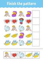 Finish the pattern. Cut and play. Education developing worksheet. Activity page. Valentine's Day. Cartoon character. vector