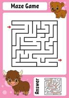 Square maze. Game for kids. Funny labyrinth. Education developing worksheet. Activity page. Puzzle for children. Cartoon style. Riddle for preschool. Logical conundrum. Color vector illustration.