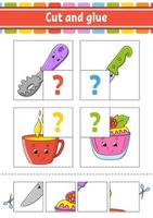 Cut and glue. Set flash cards. Color puzzle. Education developing worksheet. Activity page. Game for children. Funny character. Isolated vector illustration. Cartoon style.