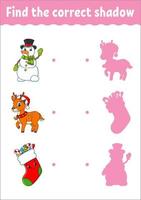 Find the correct shadow. Deer, snowman, sock. Education developing worksheet. Matching game for kids. Color activity page. Puzzle for children. Cute character. Isolated vector illustration.