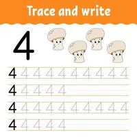 Number 4. Trace and write. Handwriting practice. Learning numbers for kids. Education developing worksheet. Color activity page. Isolated vector illustration in cute cartoon style.