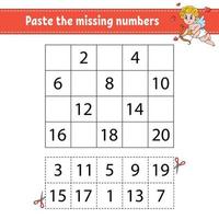 Paste the missing numbers 1-20. Game for children. Handwriting practice. Learning numbers for kids. Education developing worksheet. Activity page. Isolated vector illustration in cute cartoon style.