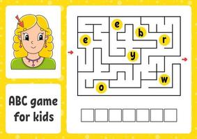 ABC maze for kids. Answer eyebrow. Rectangle labyrinth. Activity worksheet. Puzzle for children. Cartoon style. Logical conundrum. Color vector illustration.