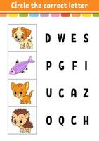 Circle the correct letter. Education developing worksheet. Learning game for kids. Color activity page. Cartoon character. vector