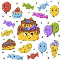 Set of stickers with cute cartoon characters. Happy birthday theme. Hand drawn. Colorful pack. Vector illustration. Patch badges collection. Label design elements. For daily planner, diary, organizer.