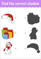 Find the correct shadow. Christmas theme. Education developing worksheet. Matching game for kids. Color activity page. Puzzle for children. Cute character. Vector illustration. Cartoon style.