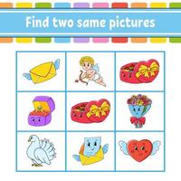 Find two same pictures. Task for kids. Education developing worksheet. Activity page. Color game for children. Funny character. Isolated vector illustration. Cartoon style. Valentine's Day.