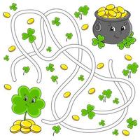 Funny maze for kids. Clover, pot. St. Patrick's day. Puzzle for children. Cartoon character. Labyrinth conundrum. Color vector illustration. Find the right path.