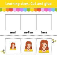 Learning sizes. Cut and glue. Easy level. Color activity worksheet. Game for children. Cartoon character. Vector illustration.