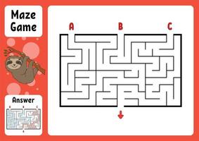 Rectangle maze. Game for kids. Three entrances, one exit. Puzzle for children. Labyrinth conundrum. Color vector illustration. Find the right path. With answer. Cartoon character. Education worksheet.