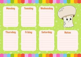 School schedule. Timetable for schoolboys. Empty template. Weekly planer with notes. Isolated color vector illustration. Cartoon character.