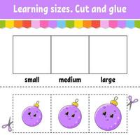 Learning sizes. Cut and glue. Easy level. Christmas theme. Color activity worksheet. Game for children. Cartoon character. Vector illustration.